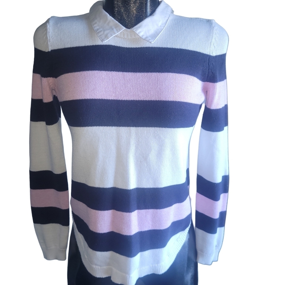 Tommy Hilfiger White, Blue and Pink Striped Collared Knit Preppy Sweater S